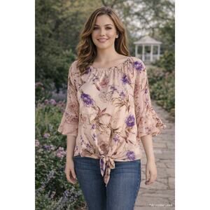 White Birch Sheer Floral Tie Waist Blouse Romantic Indie Boho Small Garden Style